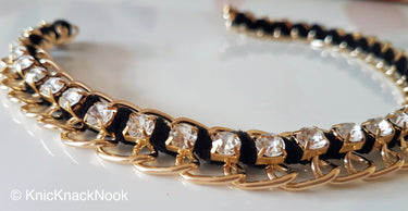 Gold, Black / Blue, Green, Yellow And Pink Choker Collar, Metal Choker, Fabric Choker With Diamante Faux Swarovski Crystal - 200317A116A/B